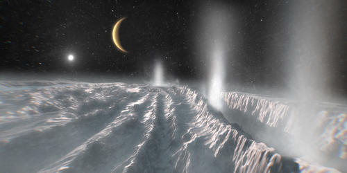 Künstlerische Darstellung von Cryovulkanismus auf Enceladus (ESA/Science Office)
