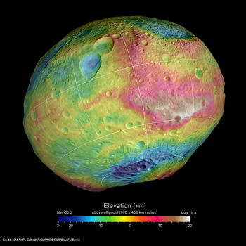 color-coded elevation model of Vesta 