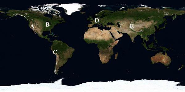 This image shows the topography of The Earth's land surface. Some major mountain belts are marked: (A)  Cascades, (B)  Appalachians, (C)  Andes, (D)  Alps, and (E)  Himalayas