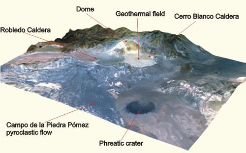 ASTER image combined with 3D elevation model of Cerro Blanco Caldera Complex, Argentina