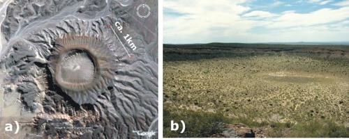 a) Satellite image  of the ring tuff, Cerro Solo Maar, Neuquen, Argentina. b) General view of the same ring tuff.