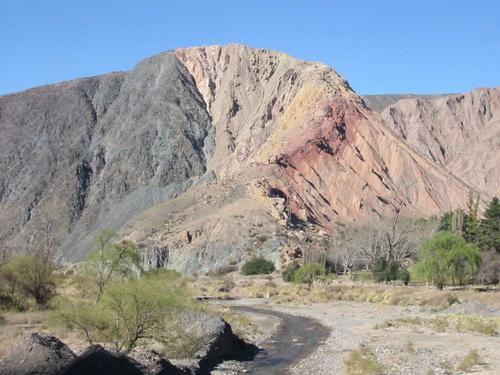 Precambrian - Paleozoic basement (dark colour, left) and Cretaceous - Tertiary rocks (brown colour) in tectonic contact through a reverse fault. Quebrada de El Toro, Andes, Argentina