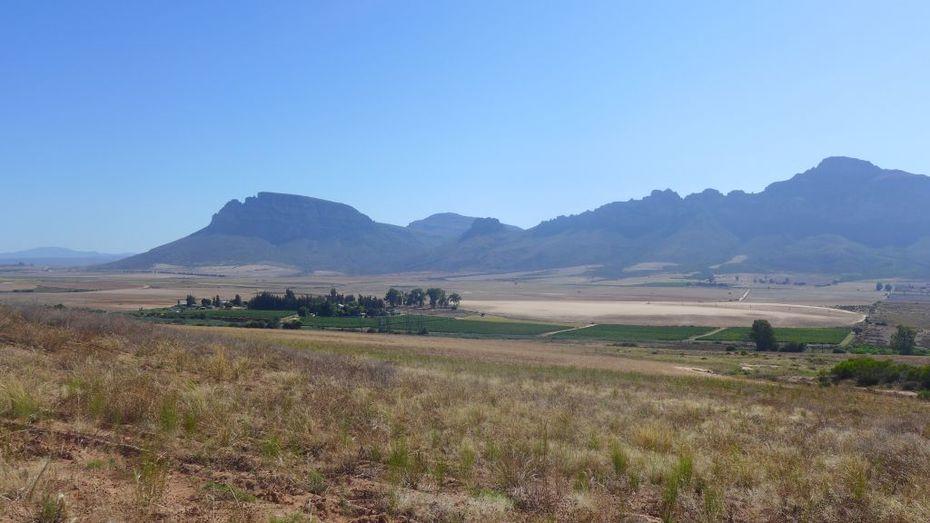 Land cover in the Krom Antonies catchment: Fallow in the foreground, irrigated fields and natural wetlands in the middle-ground and natural Fynbos vegetation in the background