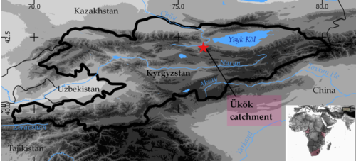 Location of the Ükök catchment in the boundaries of Kyrgyzstan (DEM: GTOPO30, 1x1 km)