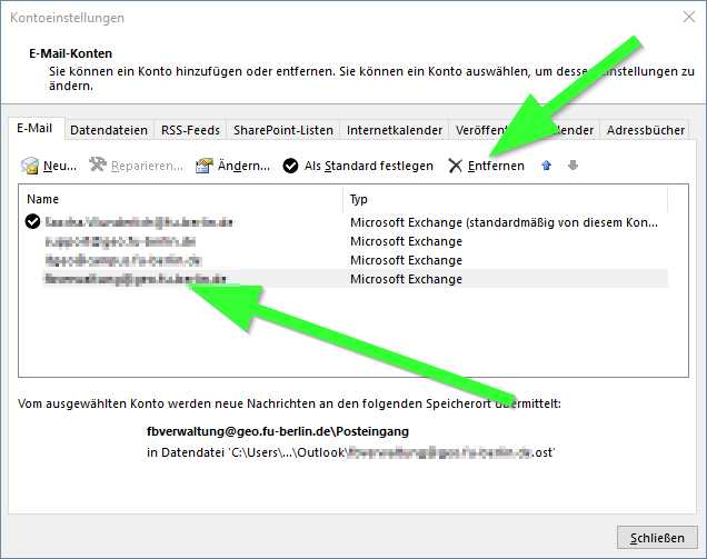 3. Wähen Sie das zu löschende Postfach aus und klicken Sie auf Entfernen.