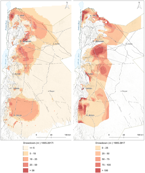 مقارنة خرائط سحب المياه الجوفية من 1995 إلى 2017 (نتائج نموذج المياه الجوفية على اليسار، نتائج تقييم المياه الجوفية على اليمين)