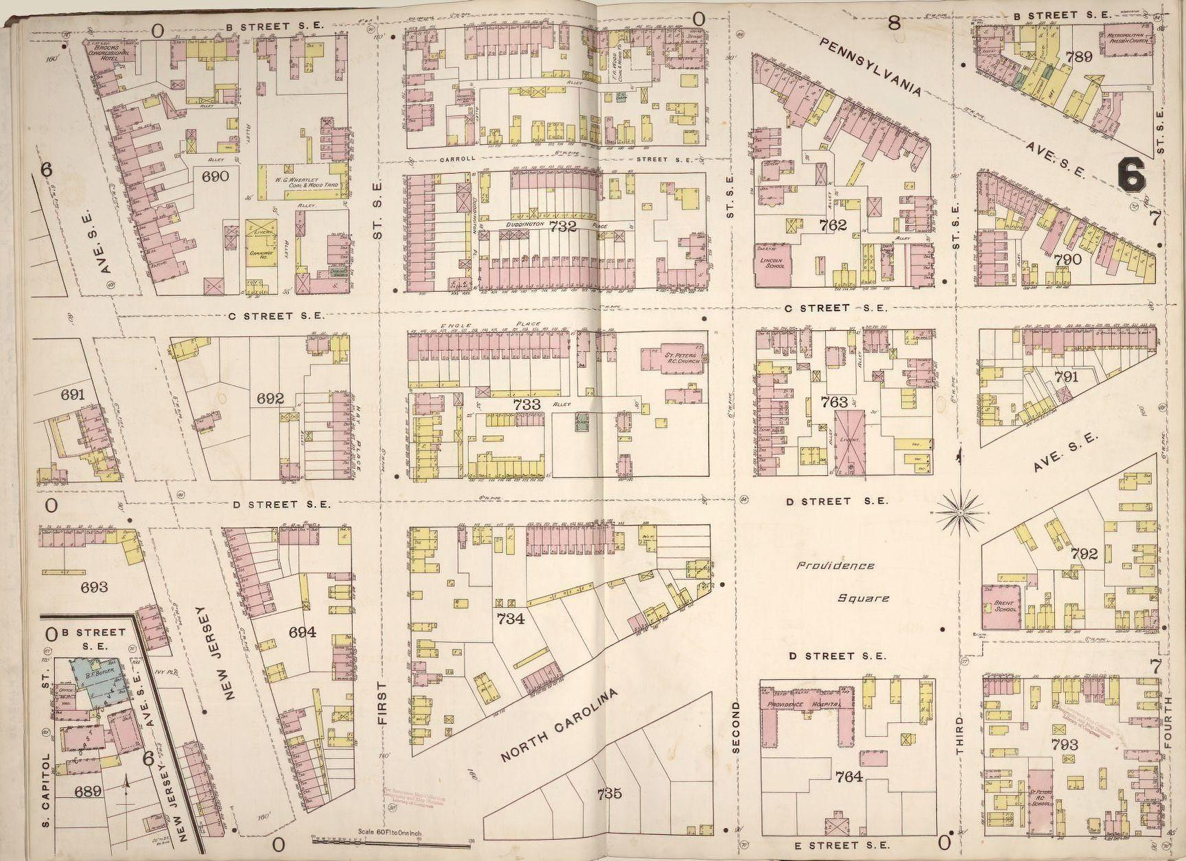 Dieser Bereich zeigt, wo sich das Madison-Gebäude in der Library of Congress befindet. Washington D. C., Sanborn Fire Insurance Company, 1888. Geographie- und Kartendivision.