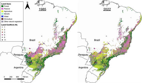 Land use maps of the Atlantic Forest in 1985 and 2022 (Mapbiomas) with the geolocated LCs of this study.
