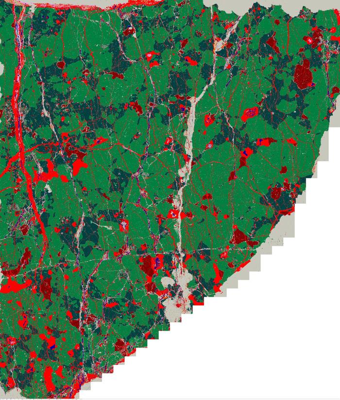 Mineral map of a meteorite, created using the Mineralogic software on our SEM