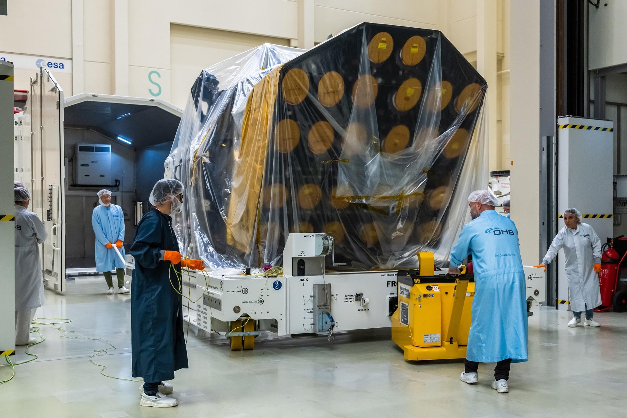 The PLATO spacecraft arriving in the cleanroom at ESTEC