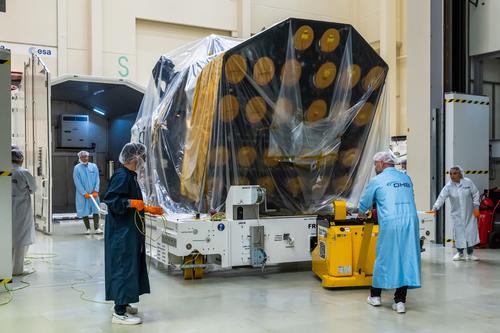 The PLATO spacecraft arriving in the cleanroom at ESTEC