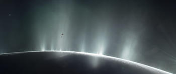 This illustration shows NASA's Cassini spacecraft diving through the plume of Saturn's moon Enceladus, in 2015.
