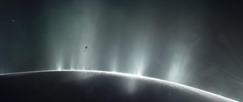 This illustration shows NASA's Cassini spacecraft diving through the plume of Saturn's moon Enceladus, in 2015.