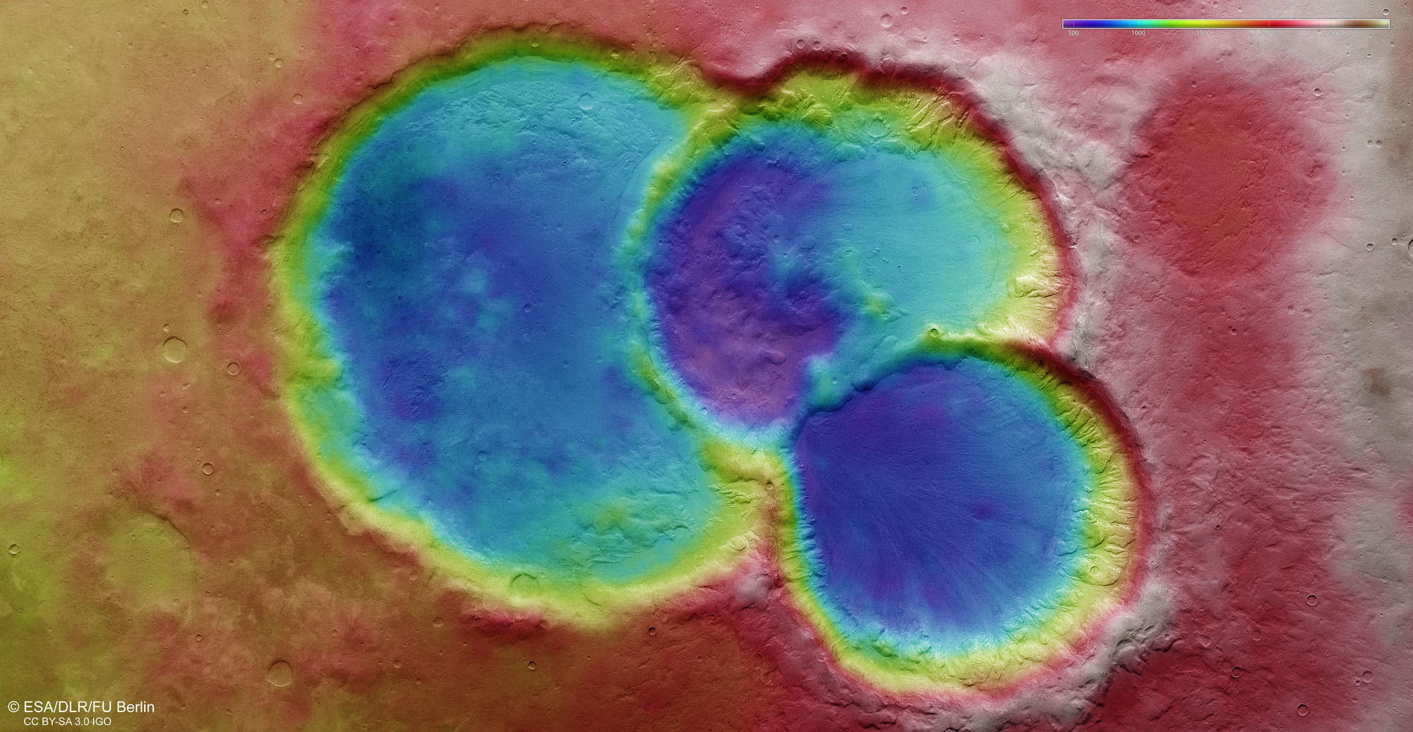 Crater triplets HRSC color-coded terrain model