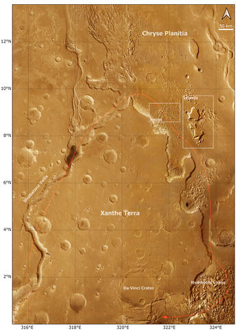 Overview of the Oxia Palus quadrangle (MC-11) with prominent features and the flight path in red.