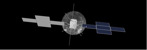 Artistic conception of the JUICE spacecraft approaching Ganymede