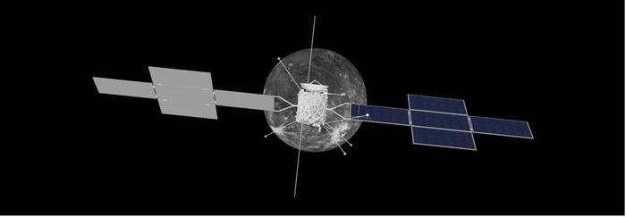 Artistic conception of the JUICE spacecraft approaching Ganymede