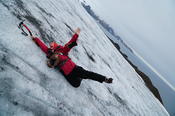 Lucía hanging at the glacier wall