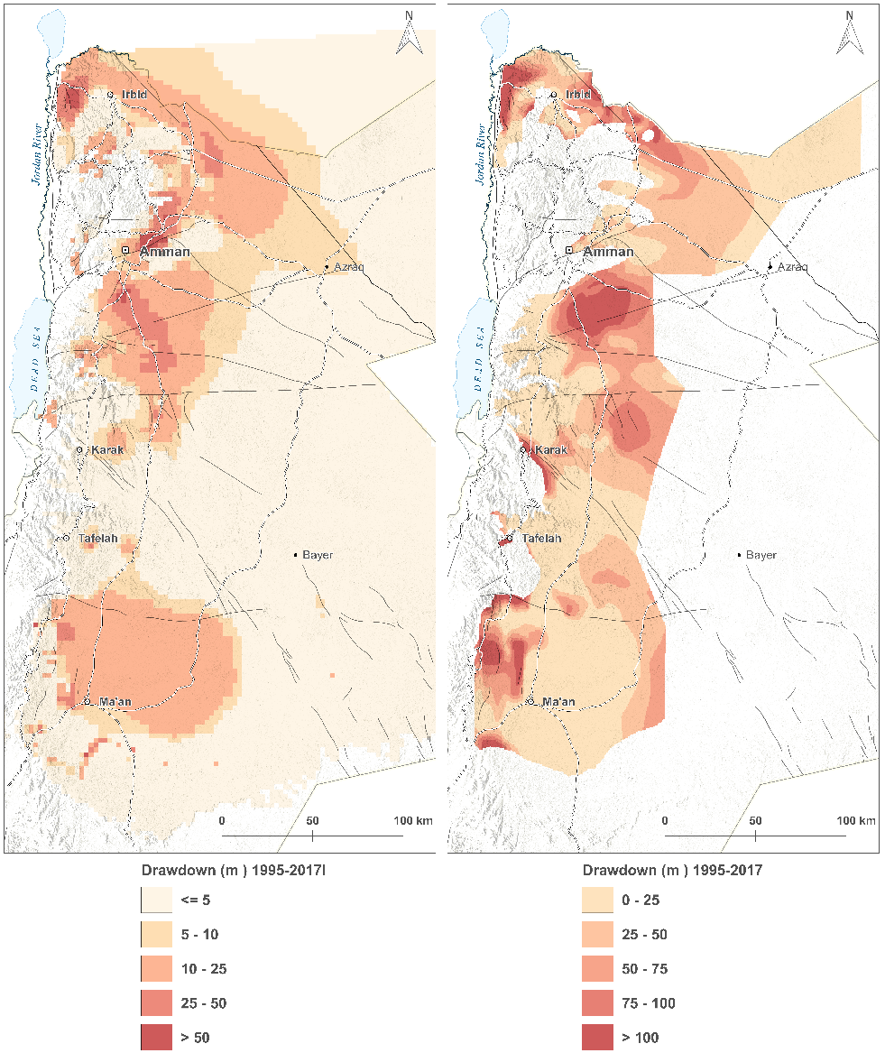 Comparison of groundwater drawdown maps from 1995 to 2017 (groundwater model results on the left, groundwater assessment results on the right)