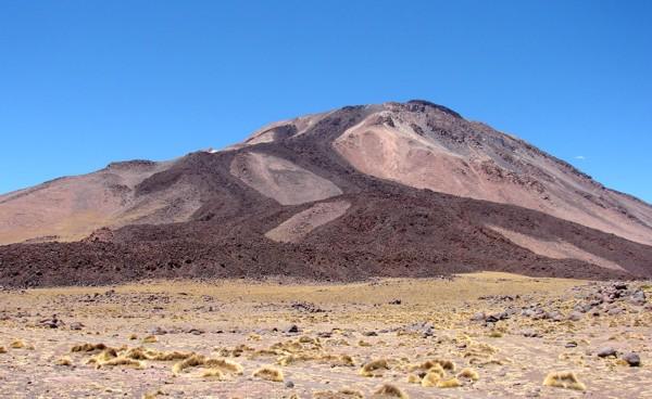 Tuzgle stratovolcano, Argentina. Recent dark andesitic lava flows can be clearly seen on the slopes