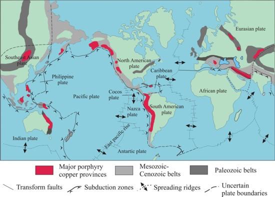 Major porphyry copper deposits related to mountain chain