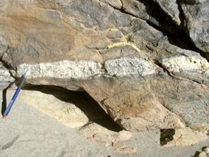 Boudinaged felsic (i.e., rich in quartz and feldspar) dike crosses metasediments