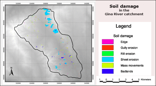 Distribution of soil erosion damages in the Gina River catchment