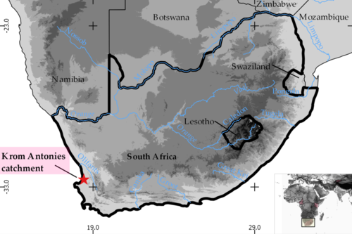 Location of the Krom Antonies catchment in the boundary of South Africa