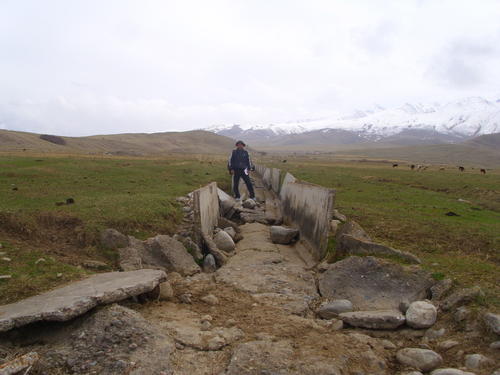 Researcher mapping a broken channel near Kara-Suu