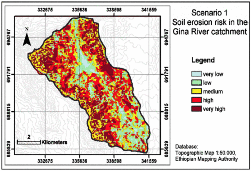 Scenario 1 - Semi-quantitative estimation of soil erosion risk in the Gina River catchment in the year 2020