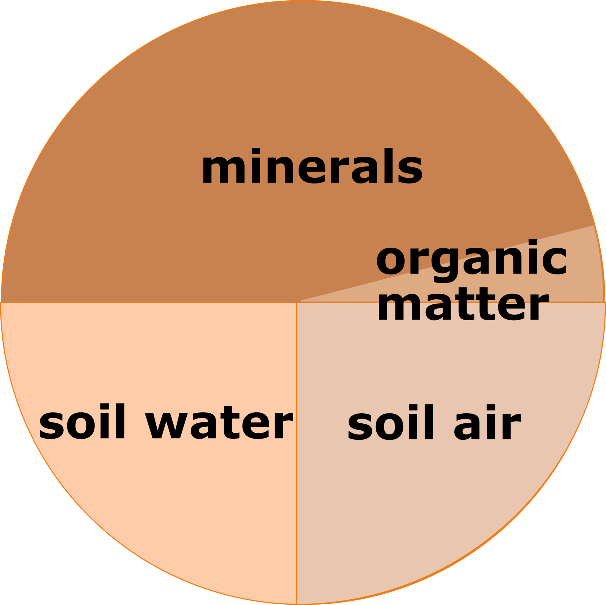 Soil composition: minerals 46%, soil air 25%, soil water 25%, organic matter 4%.