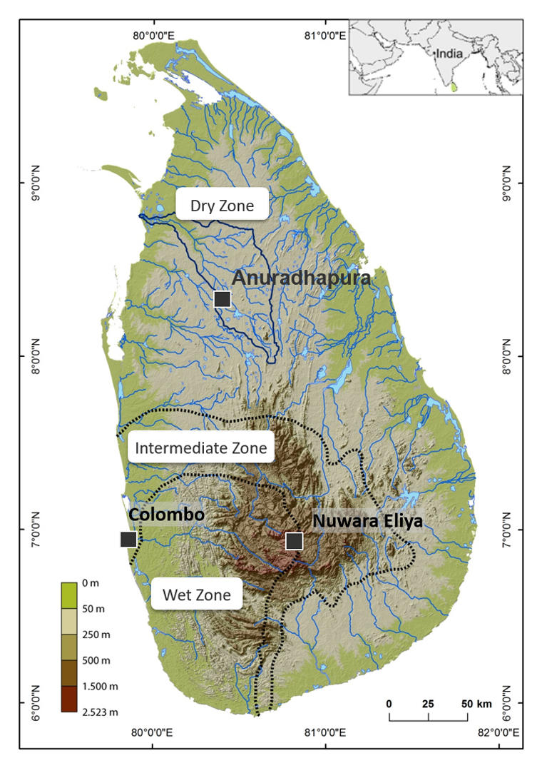 Map of Sri Lanka with climatic zones