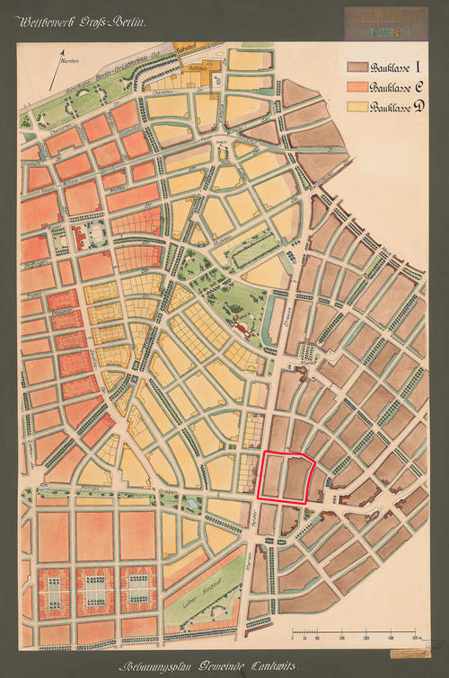 Brix & Genzmer Wettbewerb Groß-Berlin 1910. Bebauungsplan für Berlin-Lankwitz Bebauungsplan für Lankwitz Tusche aquarelliert auf Papier 147,5 x 103,5 cm [rote Markierung: heutige Lage des GeoCampus Lankwitz]