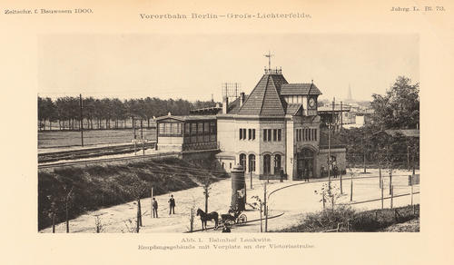 Vorortbahn Berlin-Groß-Lichterfelde Ansichten der Bahnhöfe Lankwitz, Südende, Ringbahnviadukt (aus: Atlas zur Zeitschrift für Bauwesen, hrsg. v. Ministerium der öffentlichen Arbeiten, Jg. 50, 1900) Lichtdruck auf Papier 43 x 28 cm