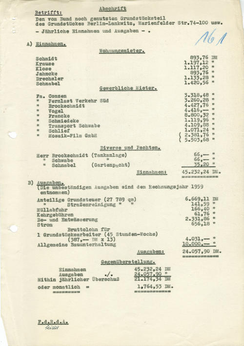 Jährliche Einnahmen und Ausgaben für das Grundstück Marienfelder Straße 74-100 (1959)