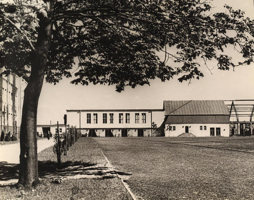 Blick über den Sportplatz zum Haus F und Sporthalle, links Haus D (1960)