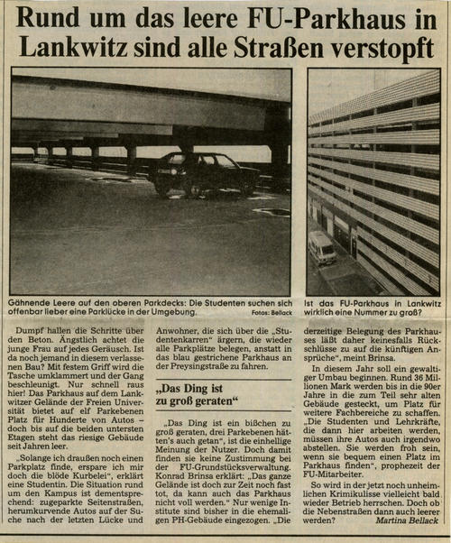 Artikel in der Berliner Morgenpost zum großen Parkhaus (1988)
