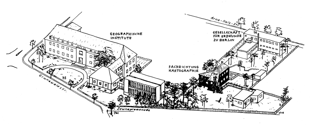 Die Institusgebäude im Jahr 1985 (Zeichnung: Prof. Dr. U. Freitag)