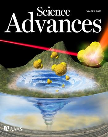 Titelbild der Sciences Advances Ausgabe 16 (Band 7), das die Gewinnung hochreiner fossiler Pollenkonzentrate aus Seesediment mittels des neu entwickelten, auf Fluoreszenzmessung basierenden Partikelsortierers symbolisiert.