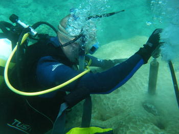 Dr. Zinke beim bohren einer Koralle im Indischen Ozean