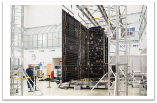 Die der Sonne zugewandte Seite des PLATO-Satelliten mit einem ausgefalteten Solarpanel in einem Reinraum der ESA. Bildquelle: ©ESA