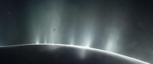 Diese Illustration zeigt die NASA-Raumsonde Cassini, die 2015 durch den Plume des Saturnmondes Enceladus taucht.