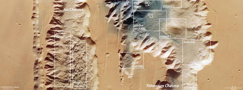 Ius und Tithonium Chasma Beschriftung zum Text (englisch)