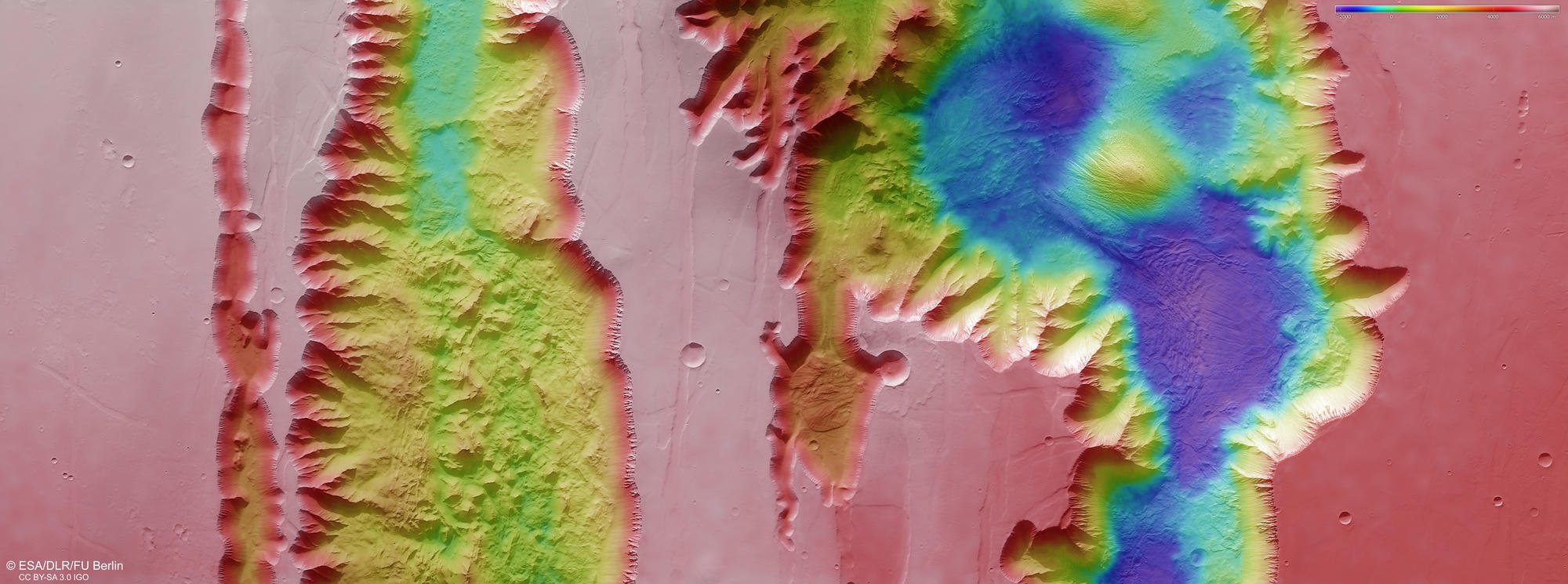 Ius und Tithonium Chasma farbcodiertes Höhenmodell