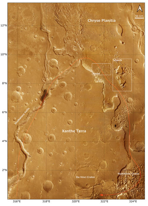 Übersicht des Oxia-Palus-Quadranten (MC-11) mit markanten geologischen Strukturen und dem Flugpfad in Rot dargestellt.