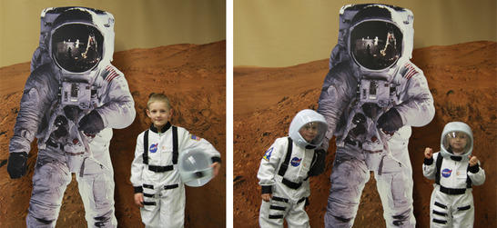 Junge Nachwuchs-Astronauten posieren mit ihrem Vorbild auf dem Mars.