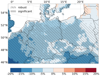 Difference in % between the simulation periods 1971-2000 and 2071-2100 for the number of days showing a probability for rockfall that is higher than the climatological probability. Hatching denotes regions for which the signal is statistically signi