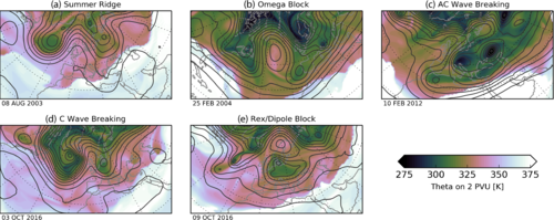 Beispiele für synoptische Strukturen von blockierenden Hochdrucklagen. Konturen zeigen die geopotentielle Höhe der 500 hPa-Fläche. Aus Woollings et al. (2018).
