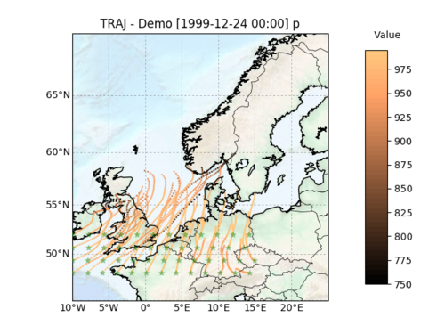 Beispielhafte Trajektorenberechnung für Orkan LOTHAR mittels LAGRANTO und ERA5 Datensatz, Startzeitpunkt: 21-12-1999, 00 UTC, für die zurückliegenden 6 Stunden.
